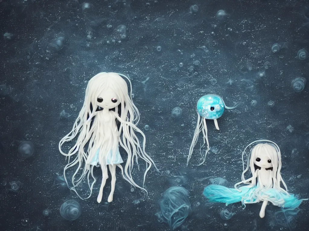 Prompt: cute fumo plush gothic jellyfish maiden alien girl swimming in the waves of the dark galactic abyss, tattered ragged gothic dress, ocean waves and reflective splashing water, vignette, vray