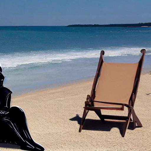 Prompt: Darth Vader sitting on a deckchair, chilling on a sandy beach