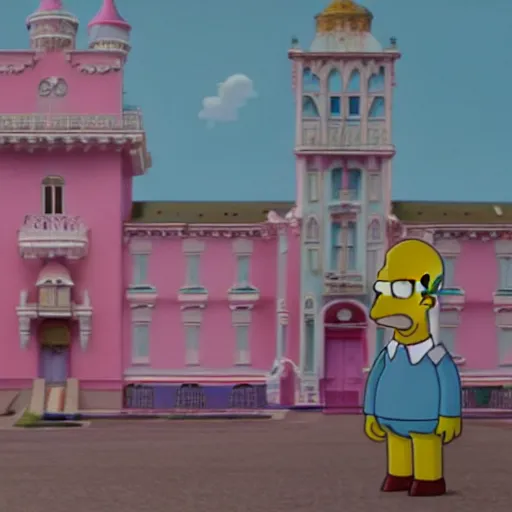 Prompt: homer simpson in the grand budapest hotel ( 2 0 1 4 )