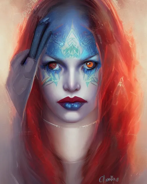 Image similar to A detailed matte oil on canvas head on symmetrical portrait of a beautiful elven woman with a blue eye and a red eye, and red and blue hair by Charlie bowater and lise deharme, trending on artstationhd, dungeons and dragons art critical role