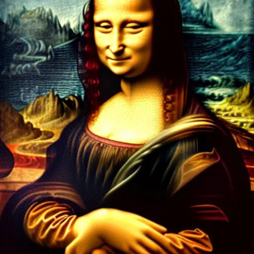 Prompt: mona lisa as a painter and she is painting leonardo da vinci