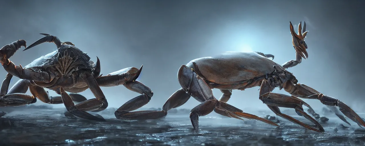 Prompt: creature design, crab - gazelle hybrid, cinematic lighting, octane render, cinematic aura lighting, atmospheric, photorealistic, hyperdetailed 3 d matte painting, hyperrealism, hyperrealistic