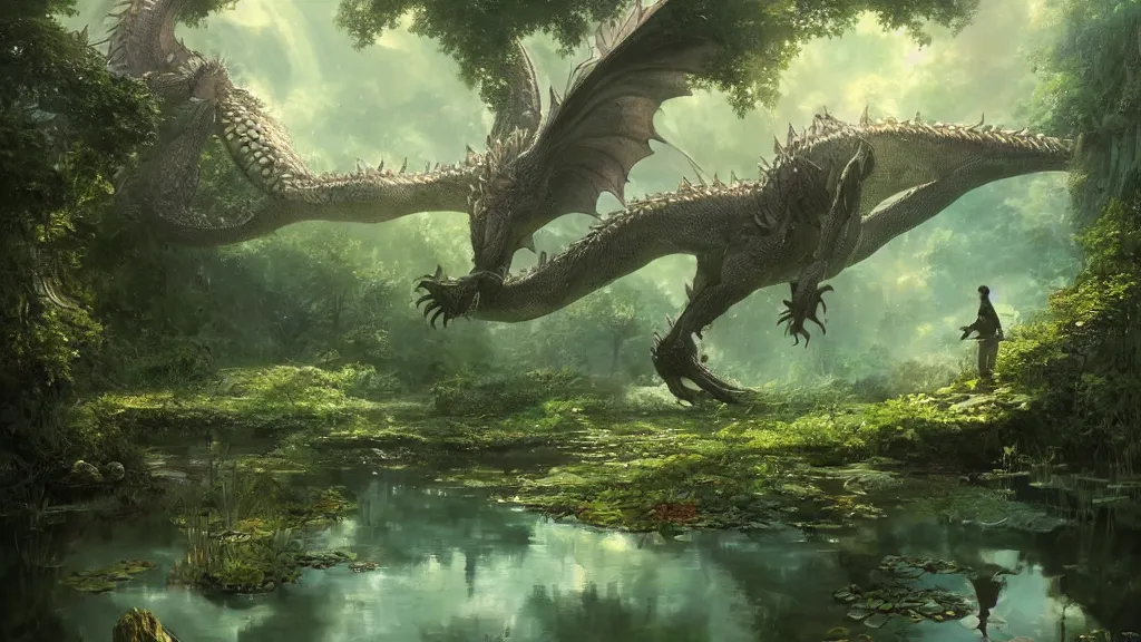 Image similar to a ultradetailed beautiful matte painting of a peaceful pond with a clear water where a majestic ancient dragon with intricate green scale is peacefully sleeping, dynamic lighting, cinematic lighting, lit by morning light, by krenz cushart and artgerm, anime