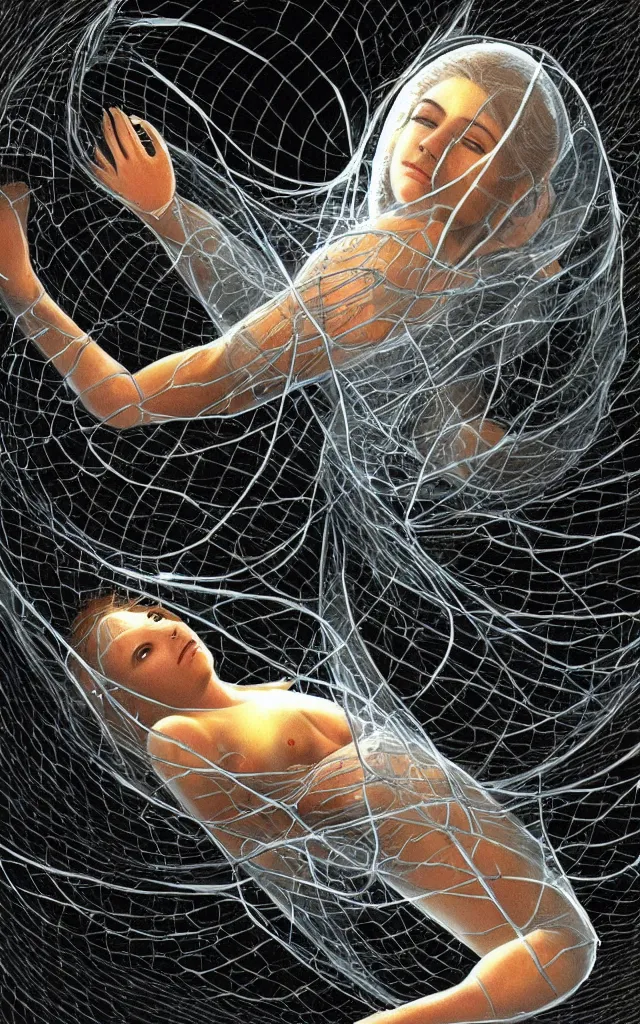 Image similar to human wrapped in a neural mesh cocoon plugged spirit machine, perfect future, award winning scifi art