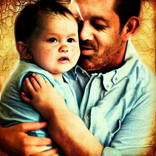 Prompt: father with child. digital mixed media collage. soft matte pastel tones. matte background. HD 8x