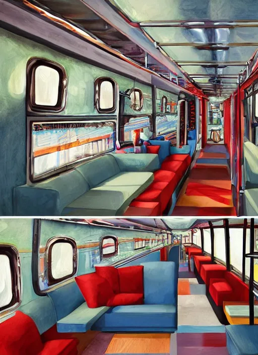 Prompt: interior design of a schoolie, mid - century modern converted school bus interior design by philippe starck and victoria hagan, detailed digital painting masterpiece, gorgeous, 4 k