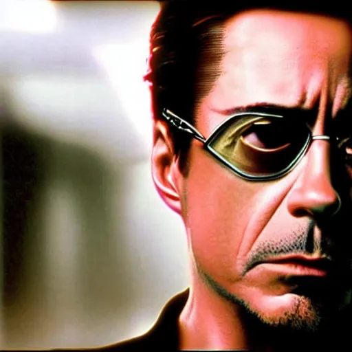 Image similar to Robert Downey Jr in matrix, 8k ultra hd, hyper detailed