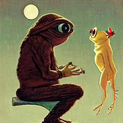 Prompt: pepe the frog gazing at the moon by norman rockwell