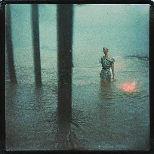 Image similar to polaroid by andrei tarkovsky, surreal fever ray video of flooded, burning suburb with wandering figures, rim light, shot at night with studio lights, liminal space, photorealistic, high definition, technicolor, award - winning photography, masterpiece, amazing colors,