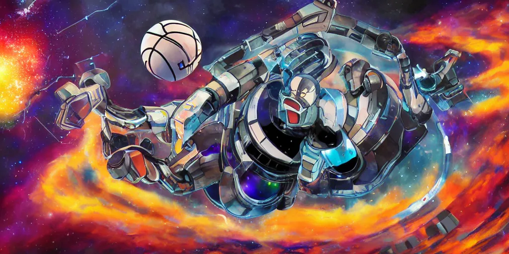 Image similar to digital painting of a robot dunking a basketball in space, highly detailed, science fiction, mix of styles, intricate, abstract, surreal, anime, ghost in the shell color scheme, masterpiece