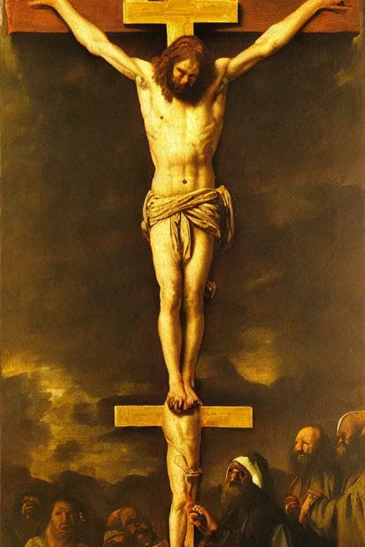 Prompt: “ garfield instead of jesus in the painting ‘ christ crucified ’ by diego velazquez ”