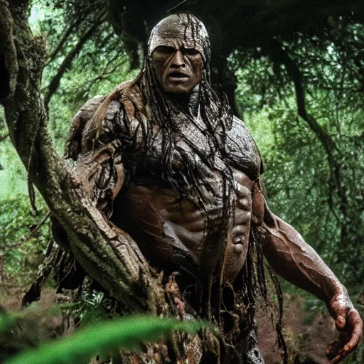 Prompt: film still of a mud - covered dwayne johnson as dutch hiding behind a tree from the predator in predator 1 9 8 7, hd, 8 k