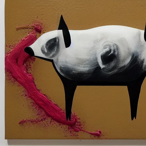 Image similar to “pig paintings and pig sculptures in a pig art gallery, pork, ikebana white flowers, white wax dripping, squashed raspberry stains, acrylic and spray paint and oilstick on canvas, by munch and Dali”