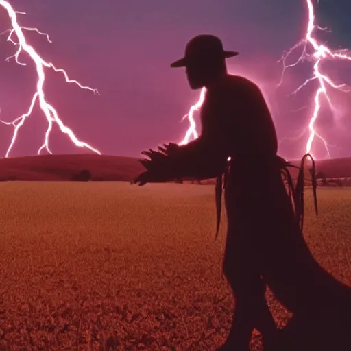 Image similar to cinematic still of silhouettes of two men fighting in ancient clothing, farm field background, red hues, lightning, directed by Russell Mulcahy