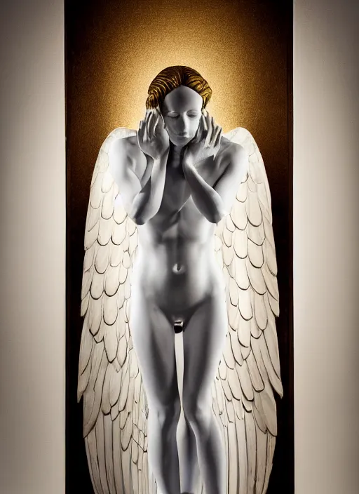 Image similar to a statue made of white marble with gold veins, of an beautiful gorgeous angel girl, full body shot, perfect symmetrical body, perfect symmetrical face, no eyes, hyper realistic, hyper detailed, fujicolor superia 1 6 0 0 photo, by johannen voss, by peter kemp, by monia merlo, by michelangelo octane render, blender, 8 k