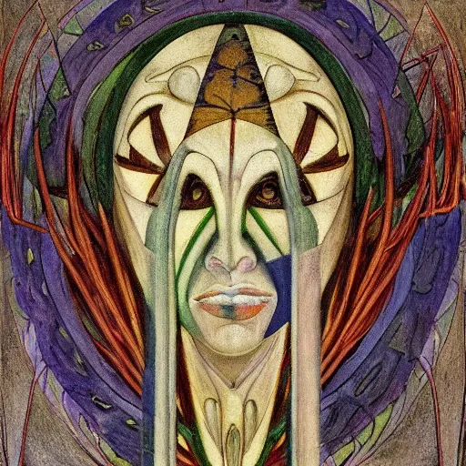 Image similar to painting of a facemask made of flowers, by annie swynnerton and jean delville and edward hopper and evelyn de morgan and rufino tamayo, art deco flower shaman, art brut, outsider art, symbolist, dramatic lighting, god rays, elaborate geometric ornament, clean crisp graphics, smooth sharp focus, extremely detailed, adolf wolfli