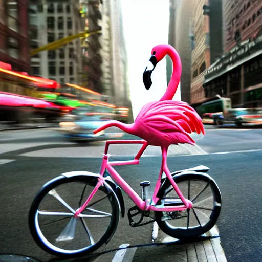 Image similar to flamingo riding a bicycle in New York City realistic photo, 50mm lens