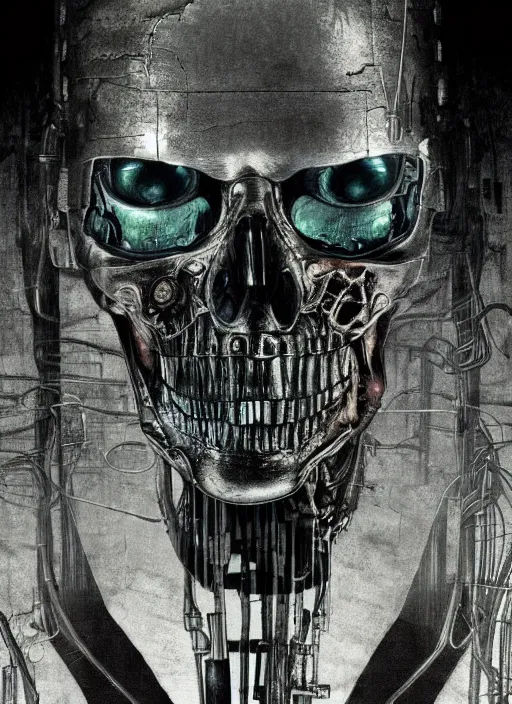 Image similar to portrait of terminator, by wayne barlow, stanley donwood, anton semenov, zdzislaw bekinski, hr giger, 8 k, sci fi, dark, highly detailed