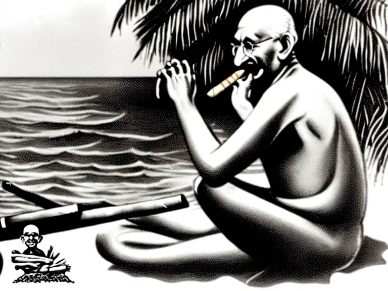 Prompt: side view of gandhi holding a cigar, sitting on a beach, next to a campfire, with palm trees and different types of beach animals parrot turtle lizard crab coconuts in the back