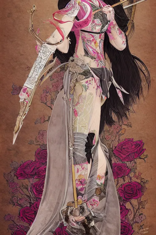 Image similar to full - bodied portrait, female changeling wearing rose - patterned eastern light armor, wielding a halberd with intricate decorations, sandals, barefoot, geisha mask, realistic proportions, reasonable fantasy, ghostblade, wlop.