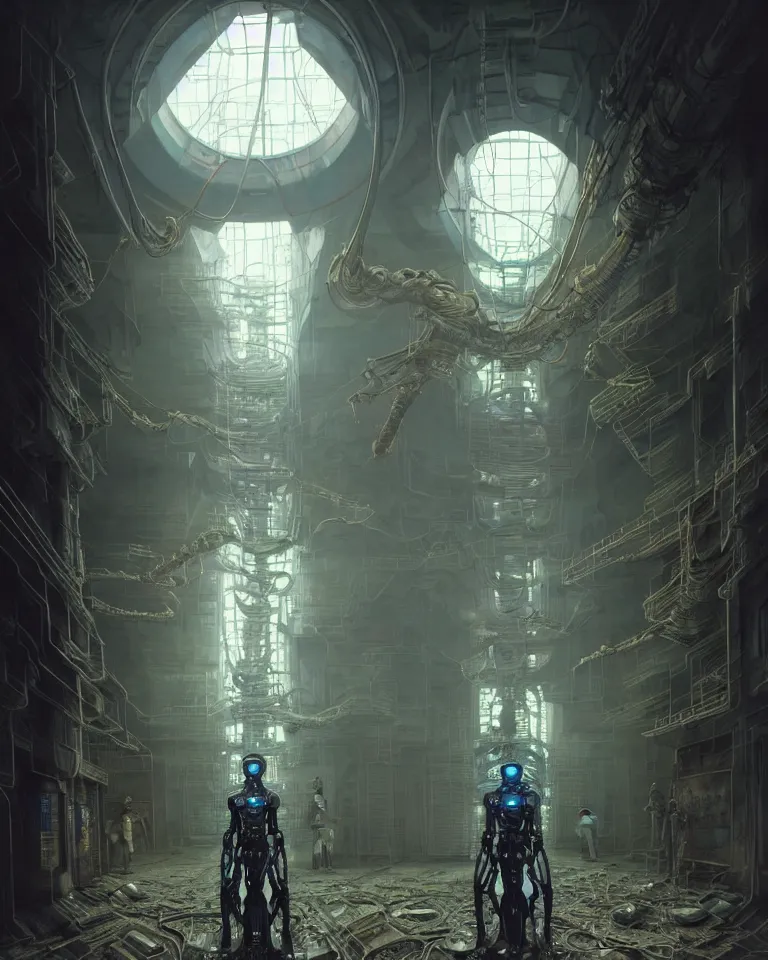 Image similar to low angle shot of a cyberpunk robot character inside a chernobyl room, intricate, elegant, highly detailed, centered, digital painting, artstation, concept art, smooth, sharp focus, illustration, artgerm, tomasz alen kopera, peter mohrbacher, donato giancola, joseph christian leyendecker, wlop, boris vallejo