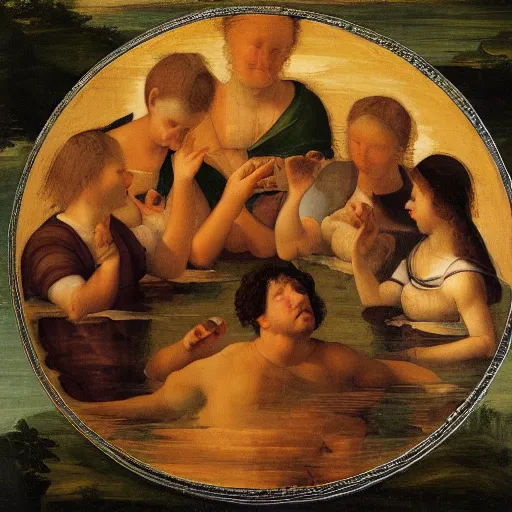 Prompt: ducks swimming in a big bowl of soup, renaissance painting, morning lighting, 8k