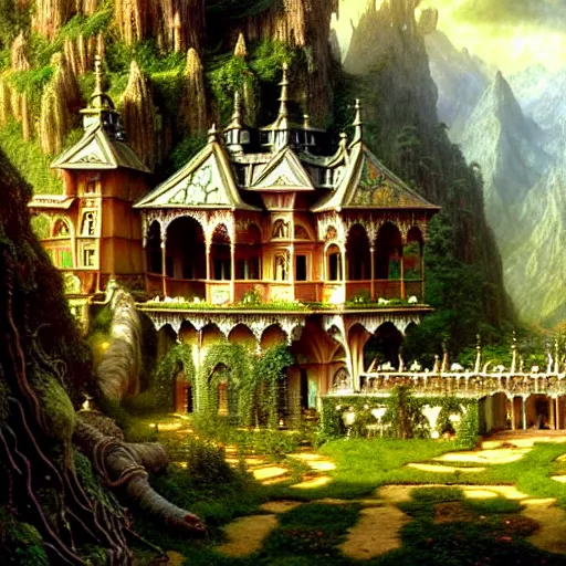 Image similar to a beautiful and highly detailed matte painting of an dwarf garden palace in a breath taking forest in a deep valley in the beautiful mountains of avalon, intricate details, epic scale, insanely complex, 8 k, sharp focus, hyperrealism, very realistic, by caspar friedrich, albert bierstadt, james gurney, brian froud,