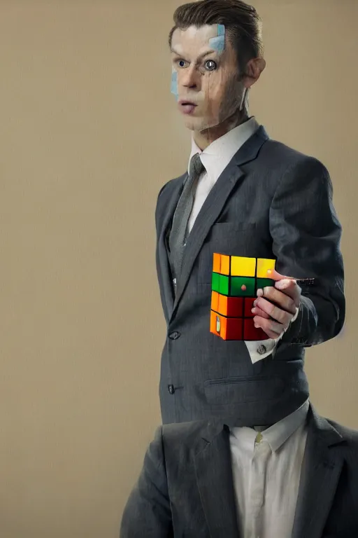 Image similar to a hyper - realistic hyper - detailed fine painting of a man wearing a suit and with a rubik's cube head, ultra - realistic detailed surrealism, magical realism, octane render