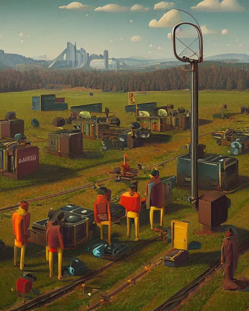 Prompt: the digital workers being robbed of their time and money by corporate overlords by Simon Stålenhag and Grant Wood, oil on canvas