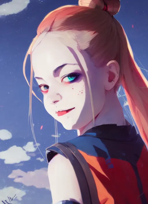 Image similar to portrait of harley quinn, cloudy sky background lush landscape illustration concept art anime key visual trending pixiv fanbox by wlop and greg rutkowski and makoto shinkai and studio ghibli