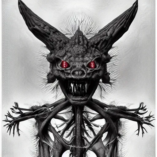 Prompt: portrait of Pikachu as a demonic creature with translucent skin, visible muscles and veins and arteries and bones and spines and nerves, beautiful detailed intricate insanely detailed octane render, 8k artistic photography, photorealistic, chiaroscuro, by David Cronenberg, Raphael, Caravaggio