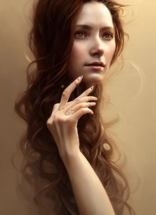 Prompt: portrait of a woman with brown hair wearing a flowing dress, holding her hands out, tattoos of insects, intricate, elegant, highly detailed, digital painting, artstation, concept art, smooth, sharp focus, illustration, art by wlop, mars ravelo and greg rutkowski