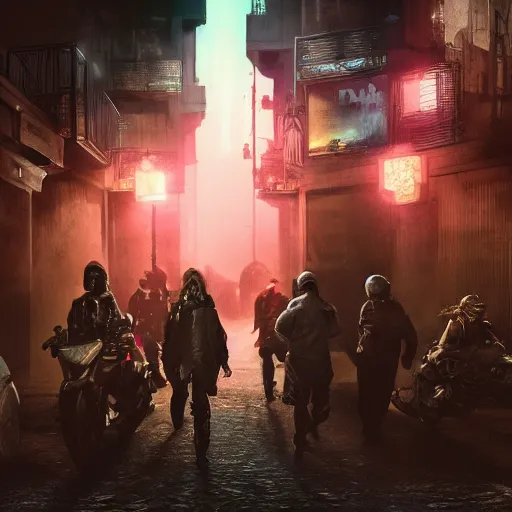 Prompt: A dark alley way with a group of gangsters. Dark, dystopian, cyberpunk, hyper detailed, 8k.