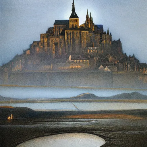 Image similar to beksinski painting of mont saint - michel