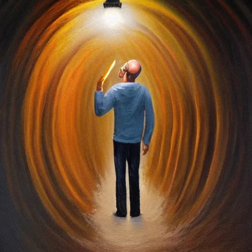 Image similar to a man holding a light at the end of a tunnel, oil painting