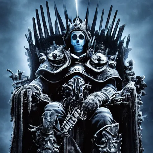 Prompt: a cinematic portrait of a lich king seated upon his throne of bones