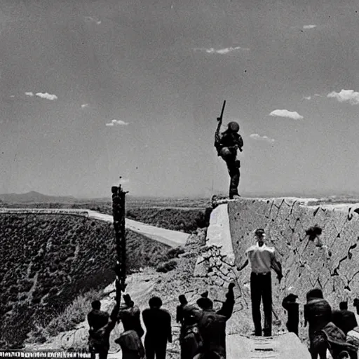 Prompt: Donald Trump standing on top of his giant wall on the Mexican border, operating a mounted MG-42 and gunning down hordes of Mexicans attempting to climb the wall