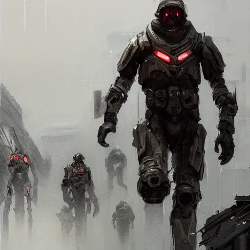 Image similar to concept art by greg rutkowski, soldiers in futuristic tactical gear, running around the outside of a space colony, futuristic, brutalistic environment, scifi, detailed and intricate environment, reddish lighting, stressful atmosphere, high technology, highly detailed portrait, digital painting, artstation, concept art, smooth, sharp foccus ilustration, artstation hq.