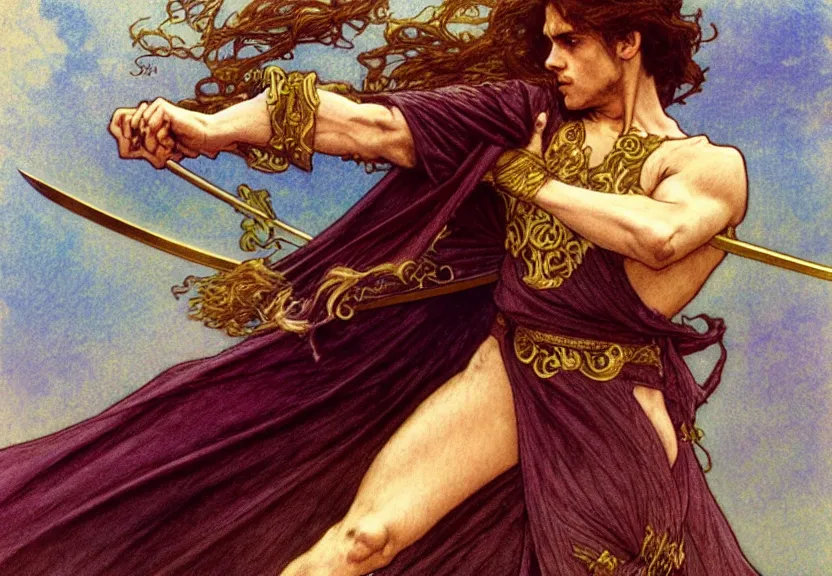 Image similar to one golden swordsman wielding two swords leans back as he dances elegantly in the wind, his robes and long hair flowing in the breeze, fantasy, Mucha, MTG, Game of Thrones, salsa dancing, Rossetti, Millais, anatomically correct