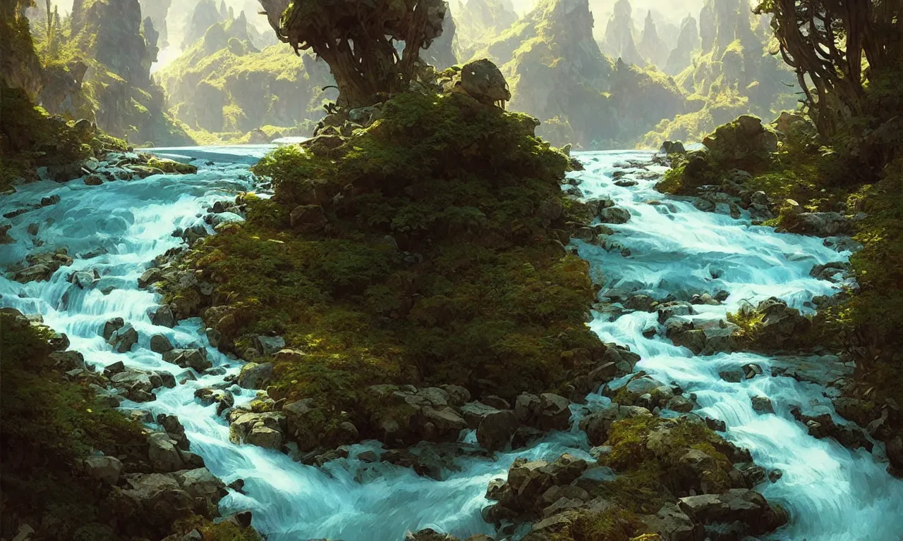 Image similar to Mountain river flows through a fantasy landscape gorge. A big blue lake in the middle of the mountains. Fabulous nature, amazing seascape, highly detailed, digital painting, artstation, concept art, smooth, sharp focus, illustration, art by greg rutkowski and alphonse mucha