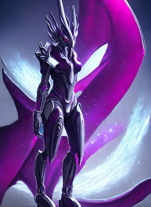 Image similar to cinematic close body, cosmic sized beautiful stunning giant robot mechan hot female dragon goddess, sharp sleek cyborg dragon head, sharp metal ears, smooth purple eyes, smooth fuschia skin, smooth silver armor, nebula, epic proportions, epic scale, macro furry, furry art, dragon art, goddess art, giantess art, warframe, warframe fanart, furaffinity, octane