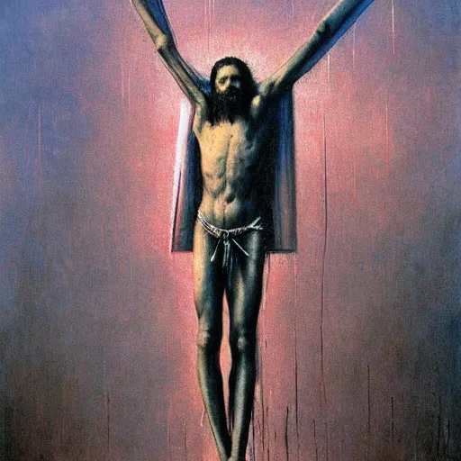 Prompt: the crucifixion of jesus in times square, beksinski style painting, very detailed