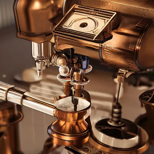 Prompt: dslr photo of a steampunk robotic espresso machine with small scientific gears, android coffee shop, 4 k, photorealistic, cycles render, unreal engine, cafe lighting, cinematic,