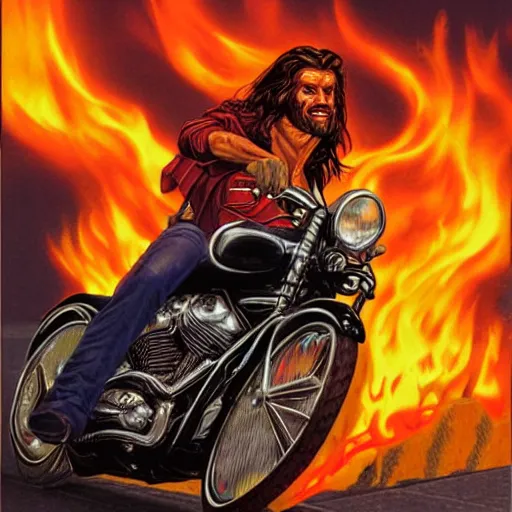 Prompt: artwork of long haired biker riding from the flames by Greg Hildebrandt. Part of his face is robotic. Cinematic lighting. 80s movie ending scene