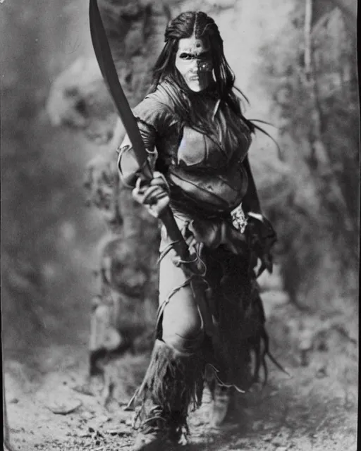 Image similar to female half orc with brown hair, melee weapons, leather clothing, photo by gertrude kasebier