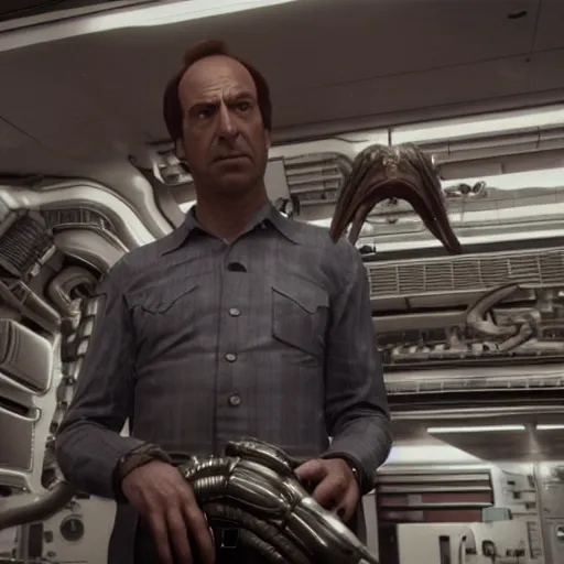 Image similar to film still of saul goodman in alien 1 9 7 9, unreal engine, uhd, by ridley scott and hrgiger, very detailed, realistic