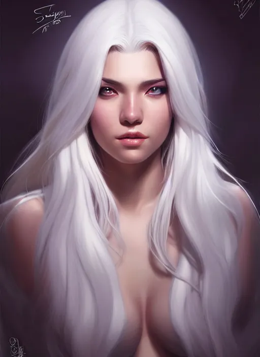 Prompt: a gorgeous female with longwhite hair in the style of stefan kostic, realistic, full body shot, wide angle, sharp focus, 8 k high definition, insanely detailed, intricate, elegant, art by stanley lau and artgerm, floating embers