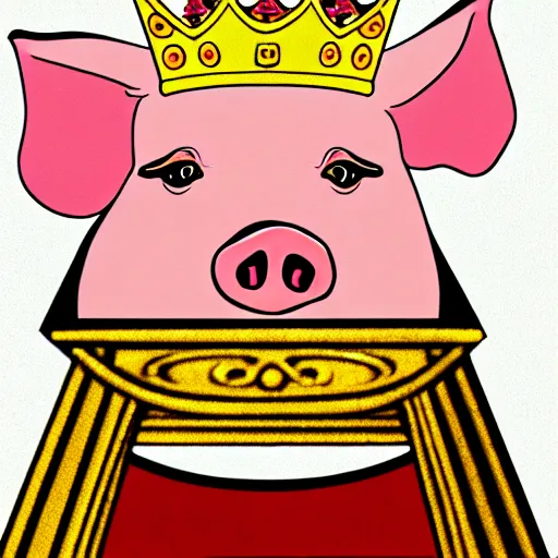 Prompt: pig wearing a gold crown sitting on a kings throne eating a pork rind in the style of Picasso, 8k resolution, award winning, realistic, cinematic concept art