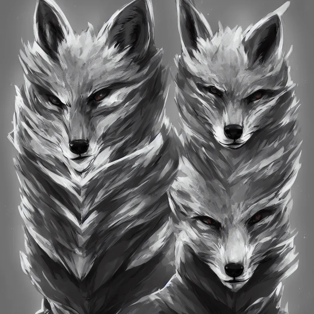 Image similar to a portrait of an anthropomorphic fox wearing a hoodie, symmetrical facial features, symmetrical proportions, league of legends, concept art, illustration, artstation, black and white