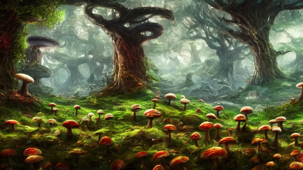 Image similar to mushroom forest, fantasy artwork, very very very beautiful scenery, hd, hdr, ue5, ue6, unreal engine 5, cinematic 4k wallpaper, 8k, ultra detailed, high resolution, artstation, award winning